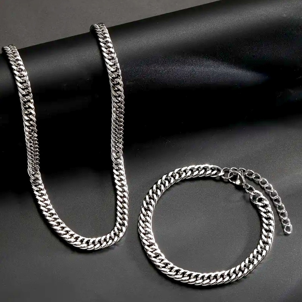 New! Mens Cuban Link Necklace AND Bracelet Set Stainless Steel